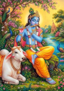 Götter-Postkarte Krishna mit Kuh